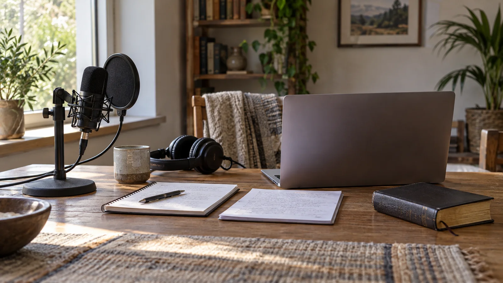 Een microfoon, laptop, aantekeningen en een gesloten Bijbel op een eenvoudige werktafel.